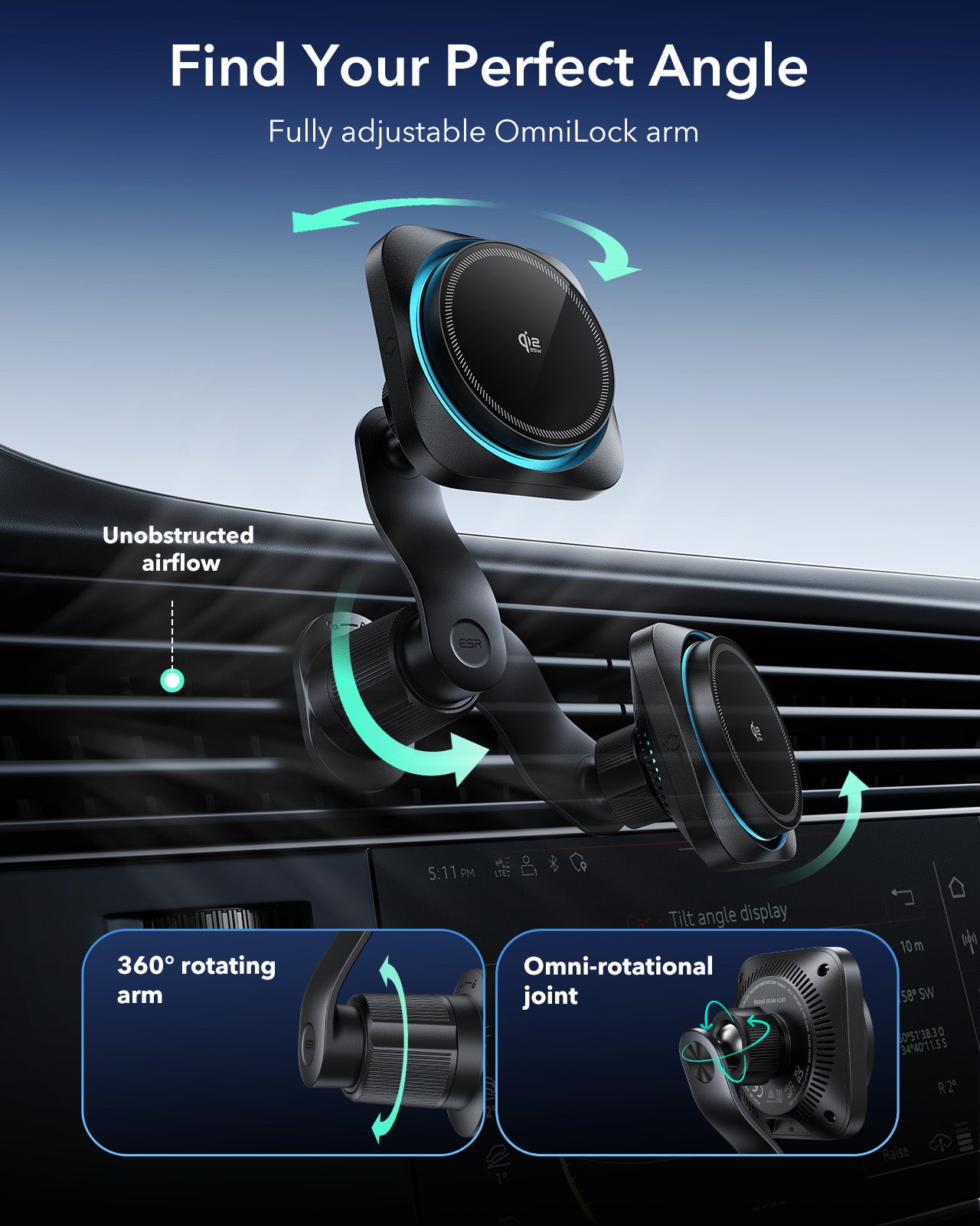 ESR OmniLock Qi2 25W CryoBoost Air Vent Magnetic Car Charger