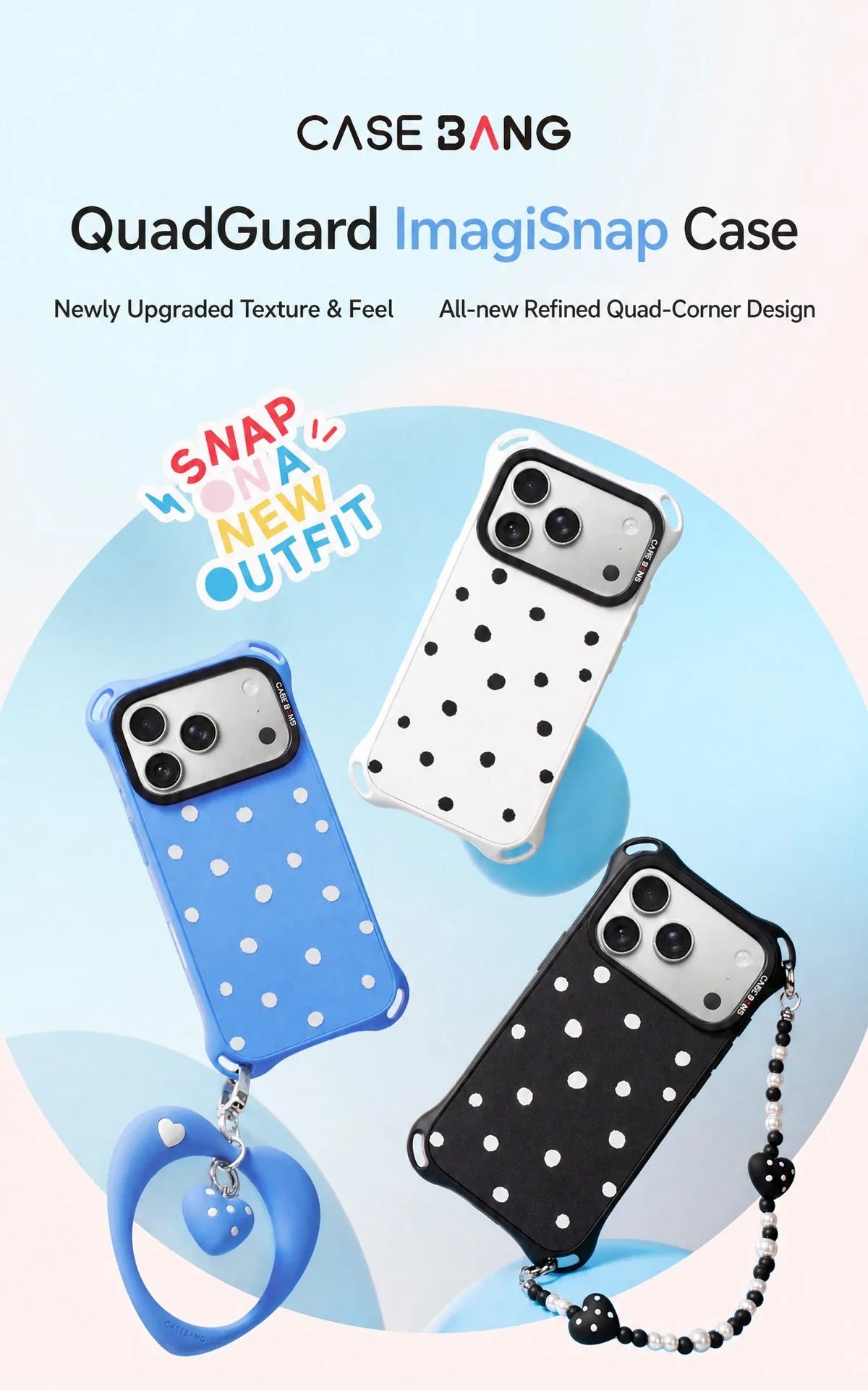 CASEBANG QuadGuard ImagiSnap Snap-On Base Case for iPhone 17-16 Series - Polka Dots | Base Case + Snap-On Cover set