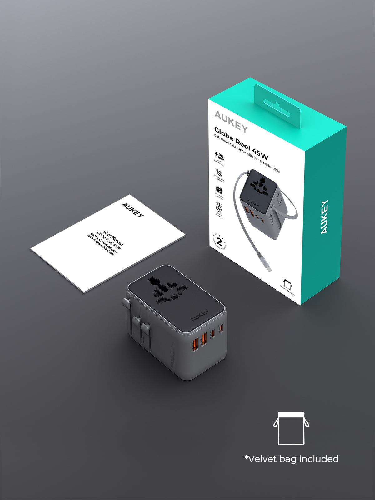 Aukey PA-TA13 Globe Reel 45W GaN Universal Adapter with Retractable Cable