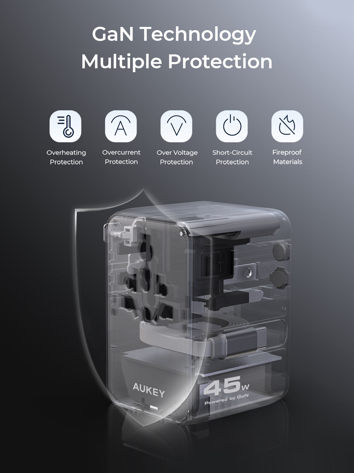 Aukey PA-TA13 Globe Reel 45W GaN Universal Adapter with Retractable Cable