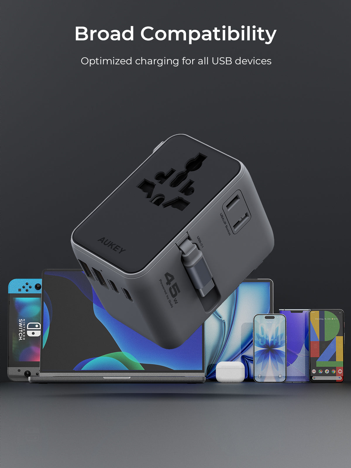 Aukey PA-TA13 Globe Reel 45W GaN Universal Adapter with Retractable Cable