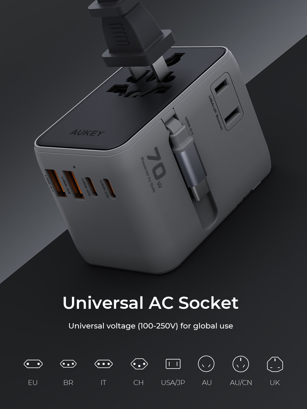 Aukey PA-TA14 Globe Reel 70W GaN Universal Adapter with Retractable Cable