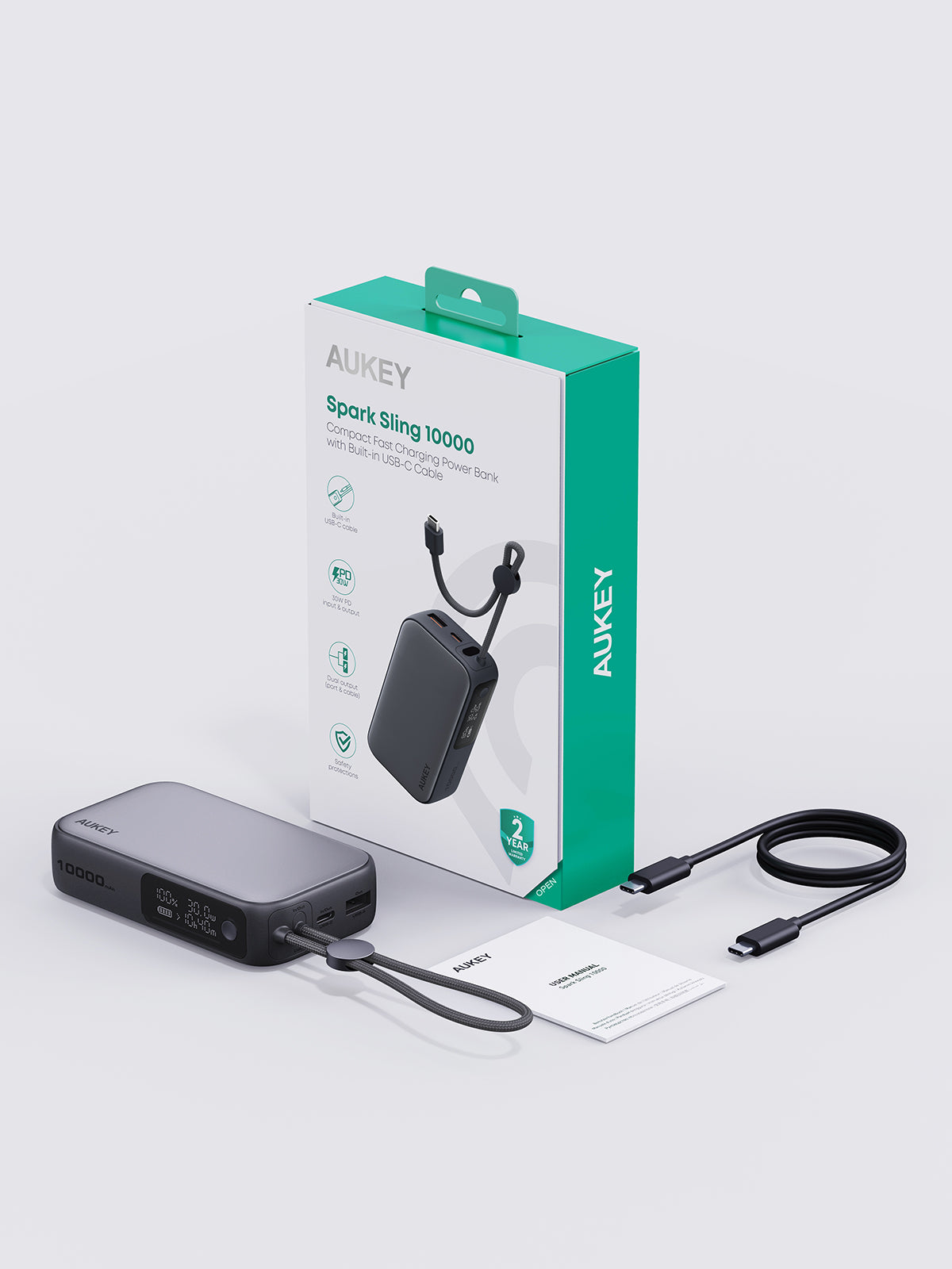 Aukey PB-Y47 Spark Sling 10000mAh Compact Fast Charging PB with Built-in USB-C Cable