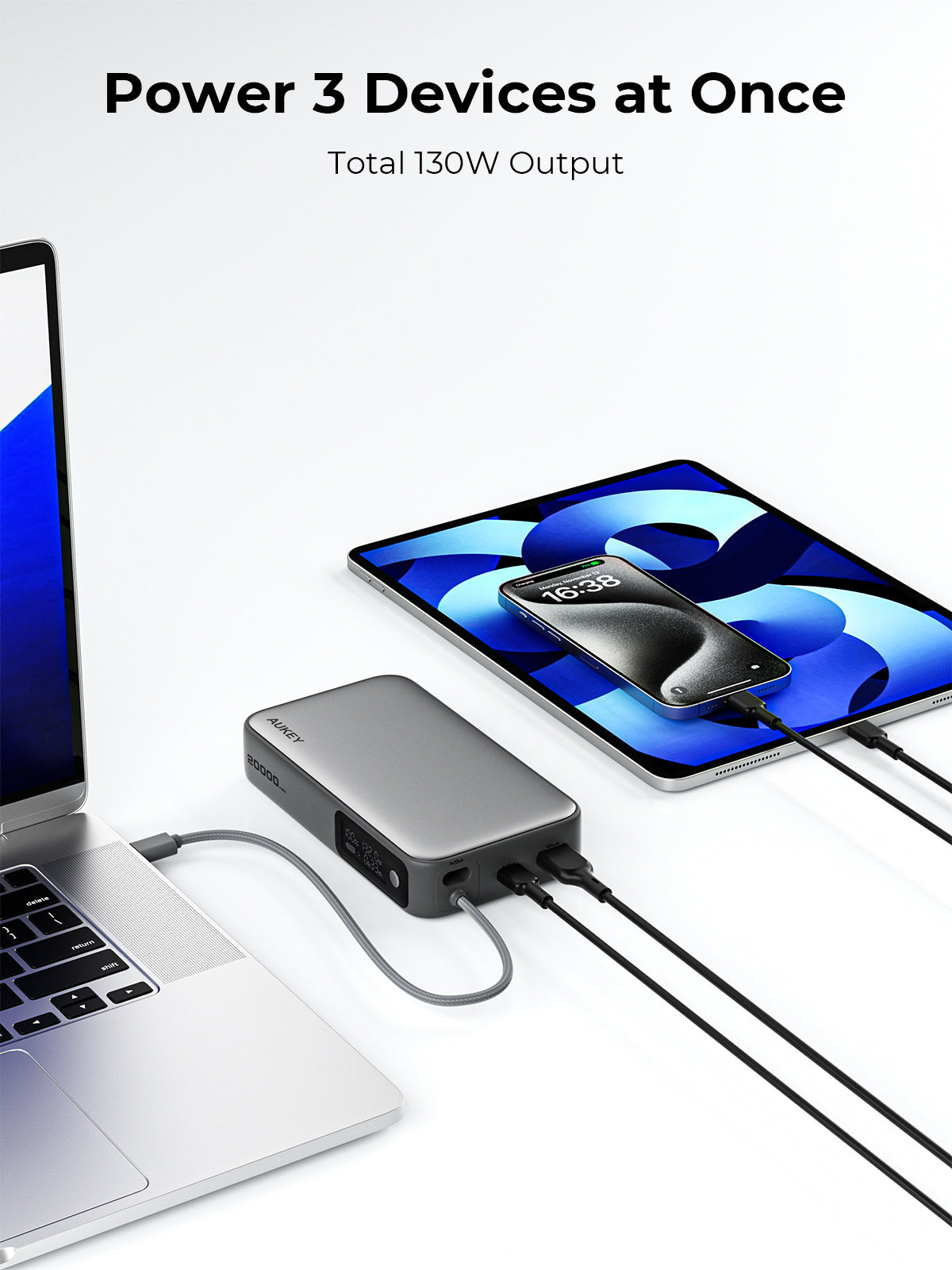 Aukey PB-Y48 Spark Sling 100W 20000mAh Compact Fast Charging PB Built-in USB-C Cable