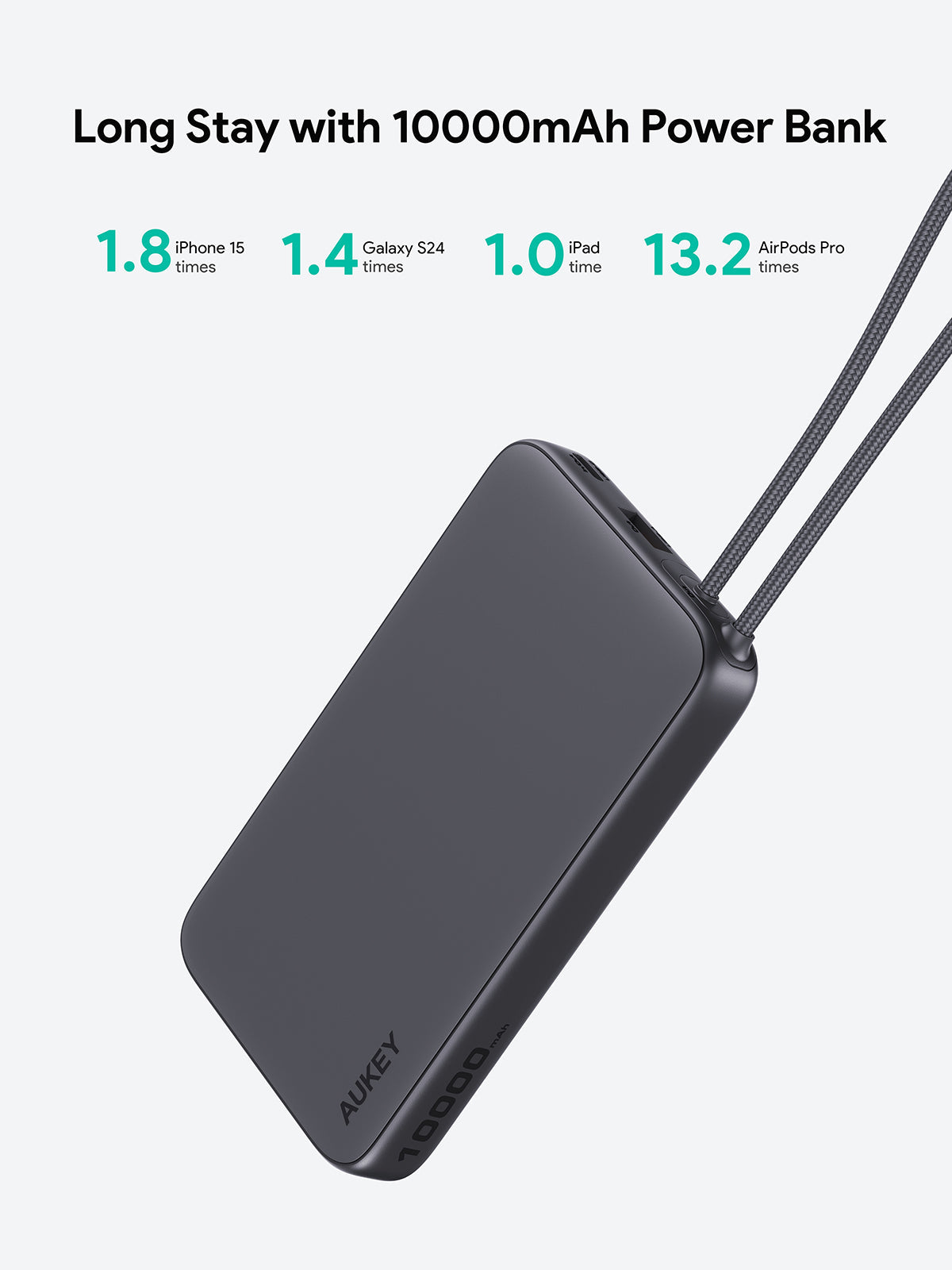 Aukey PB-Y53 Spark Sling 10000mAh Lite Slim PB Built-in USB-C Cable