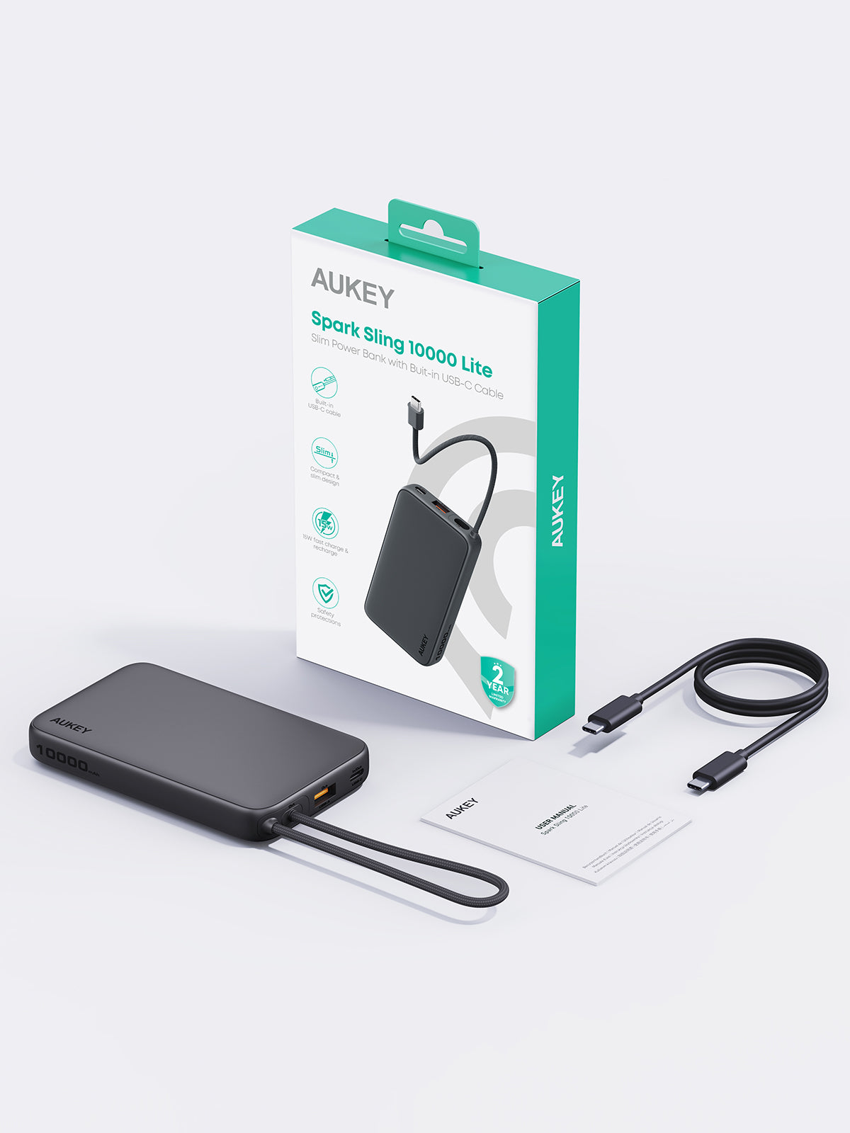 Aukey PB-Y53 Spark Sling 10000mAh Lite Slim PB Built-in USB-C Cable