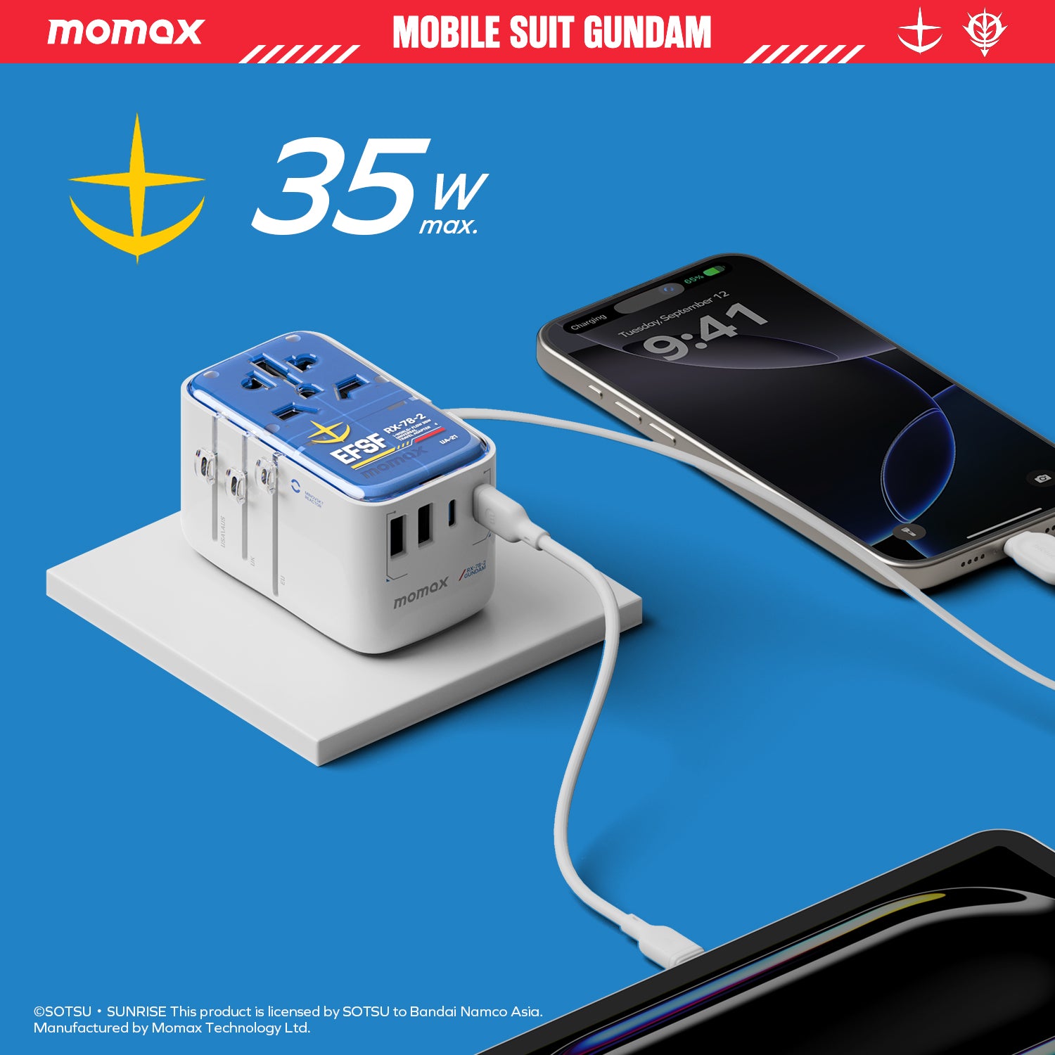 [Mobile Suit Gundam Limited Edition] Momax UA21 1-World+ 35W 4-Port Travel GaN Charger With Built-in USB-C Cable - White