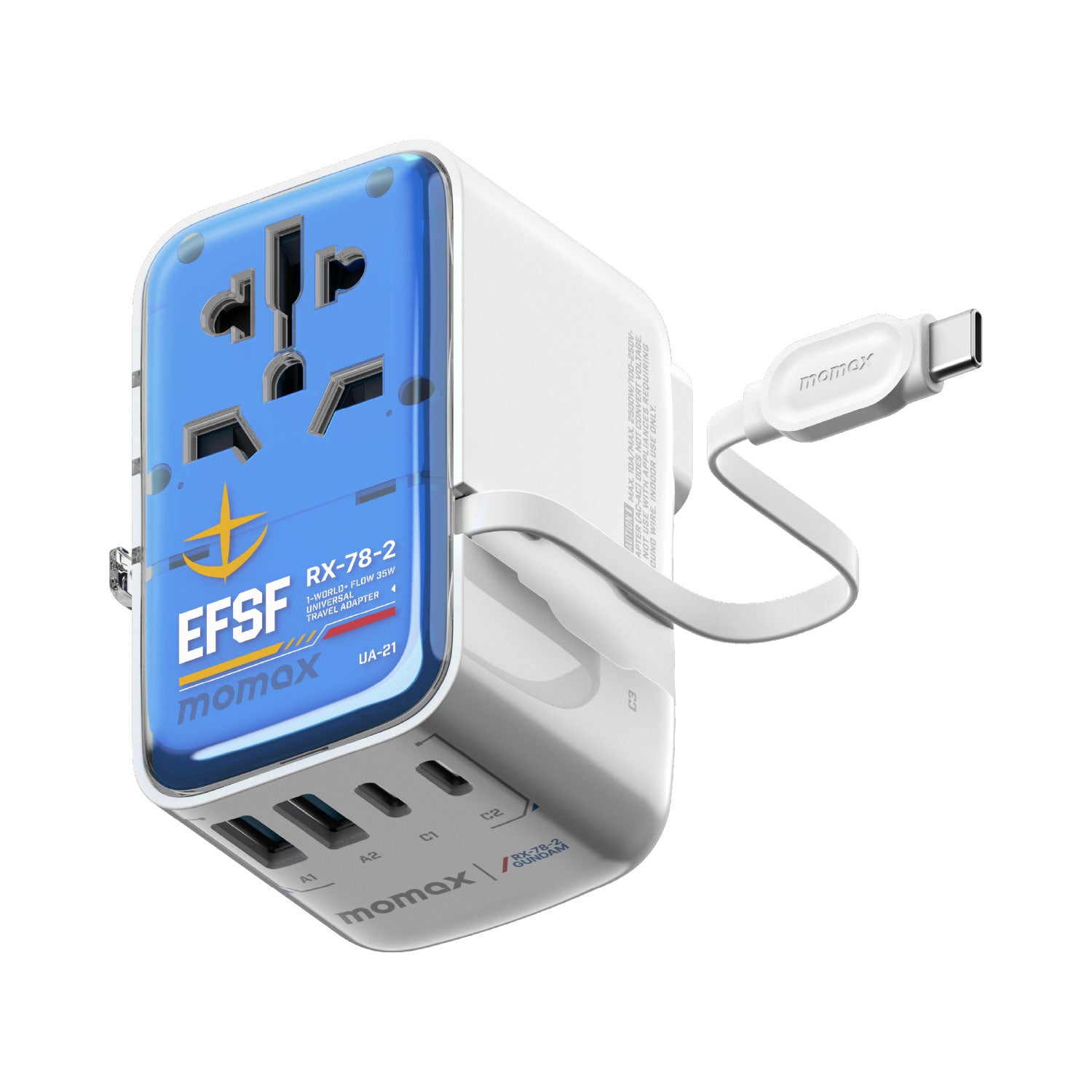 [Mobile Suit Gundam Limited Edition] Momax UA21 1-World+ 35W 4-Port Travel GaN Charger With Built-in USB-C Cable - White