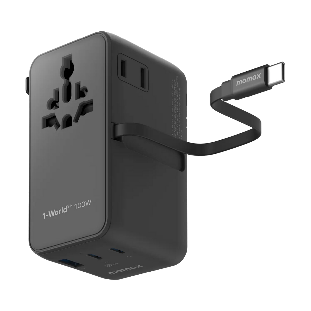 Momax UA25 1-World2+ 100W 4-Port Dual AC Travel Adapter w/ Built-in Retractable Cable