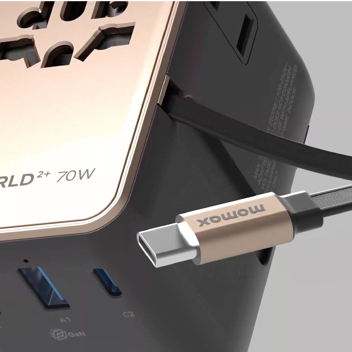 Momax UA30 1-World2+ 70W 3-Port Dual AC Travel Adaptor with Built-in retractable Cable