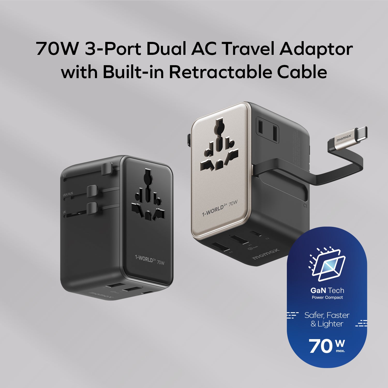 Momax UA30 1-World2+ 70W 3-Port Dual AC Travel Adaptor with Built-in retractable Cable