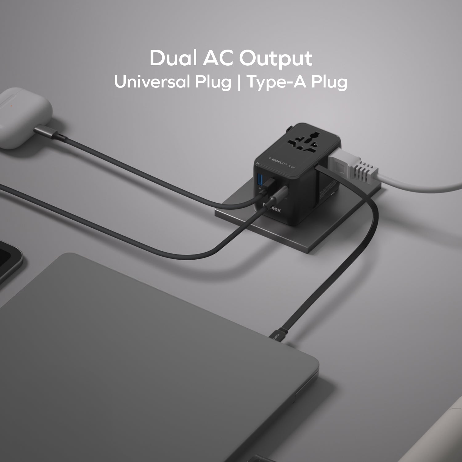 Momax UA30 1-World2+ 70W 3-Port Dual AC Travel Adaptor with Built-in retractable Cable
