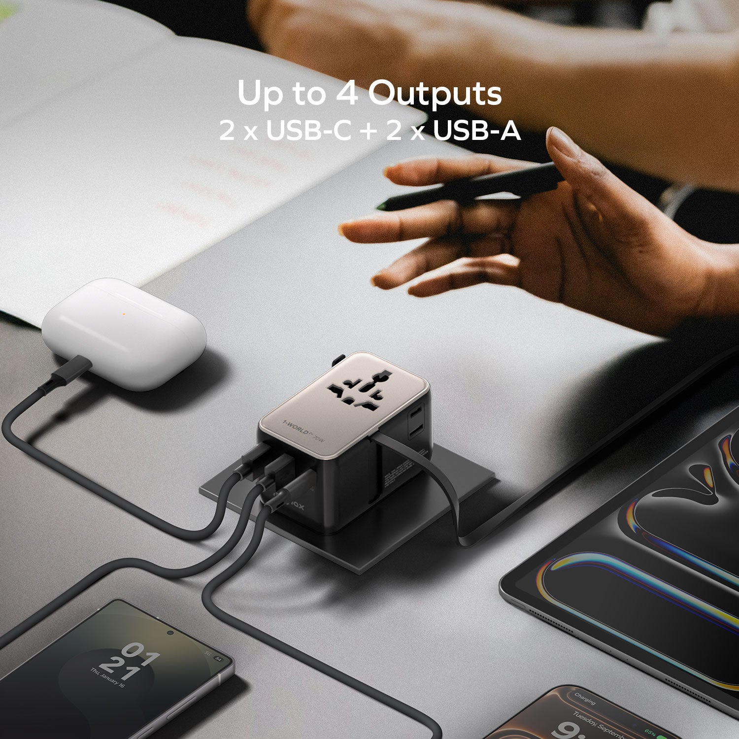 Momax UA30 1-World2+ 70W 3-Port Dual AC Travel Adaptor with Built-in retractable Cable