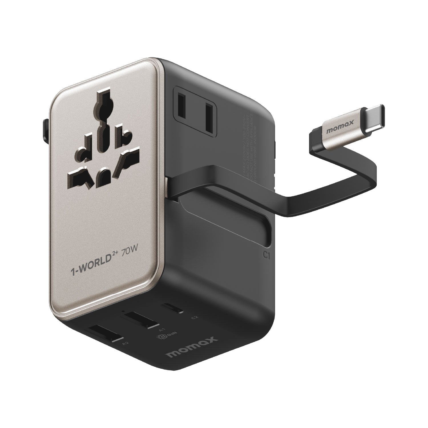 Momax UA30 1-World2+ 70W 3-Port Dual AC Travel Adaptor with Built-in retractable Cable