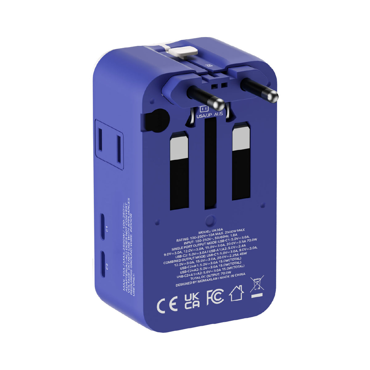 Momax UA36 1-World² Pocket 70W GaN 4-Port Dual AC Travel Adapter