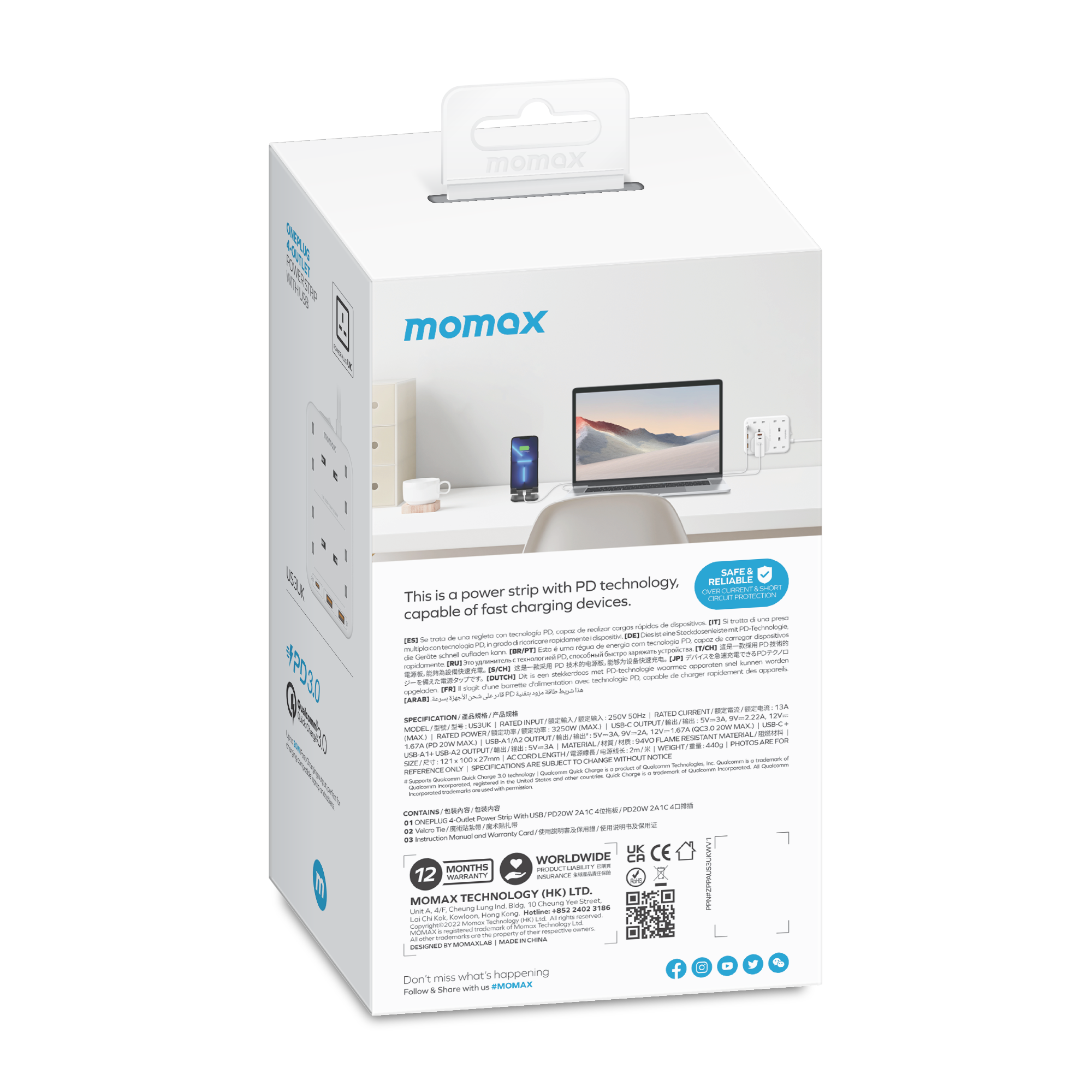 Momax US3 ONEPLUG 4-Outlet Power Strip with USB