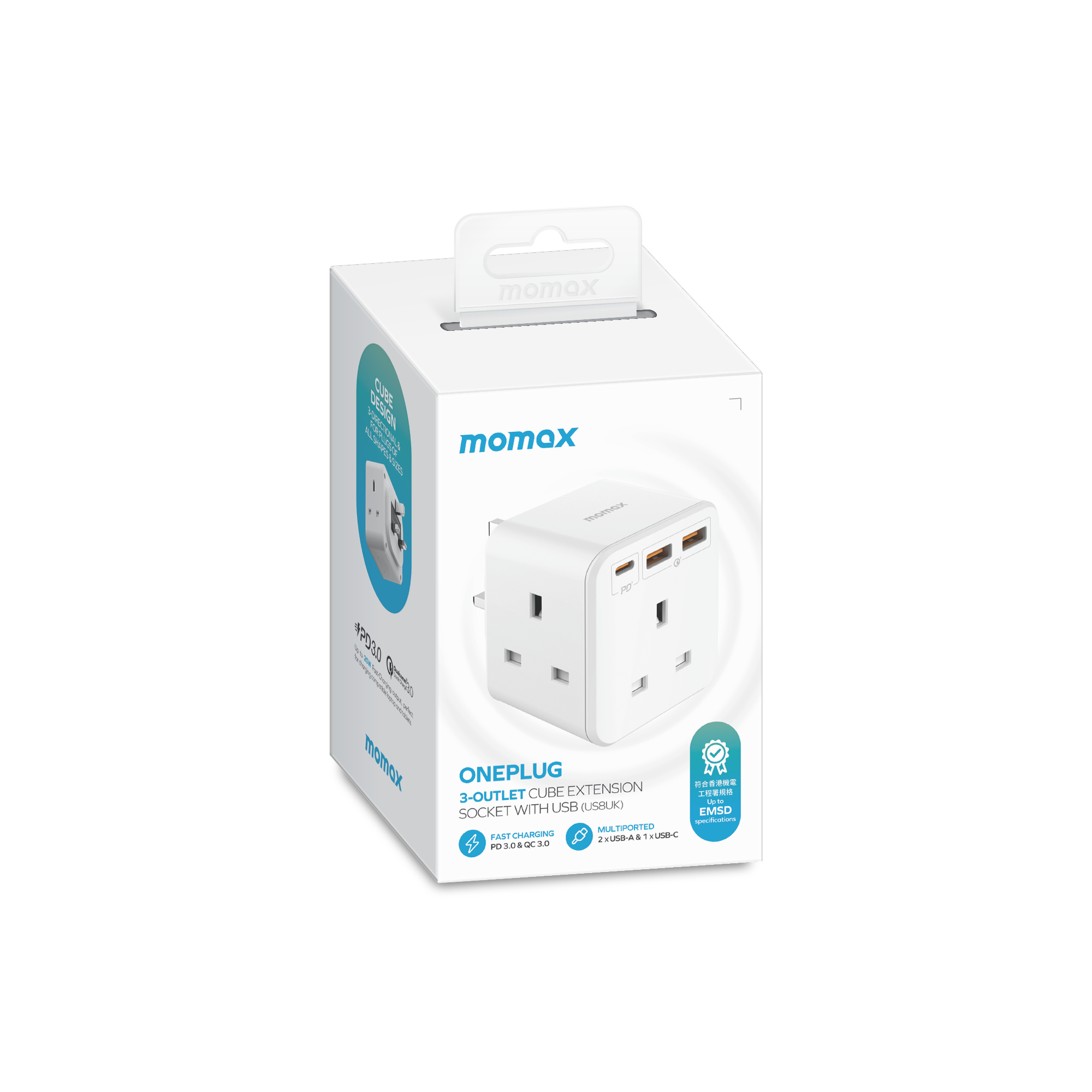 Momax US8 ONEPLUG 3-Outlet Cube Extension Socket with USB