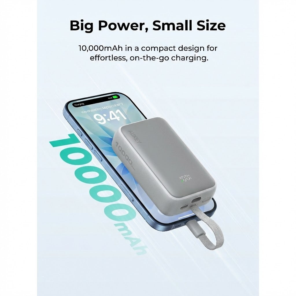 [CCC Certified] Aukey PB-Y61 Spark Sling 30W 10000mAh Fast Charging Powerbank with Built-in Type-C Cable