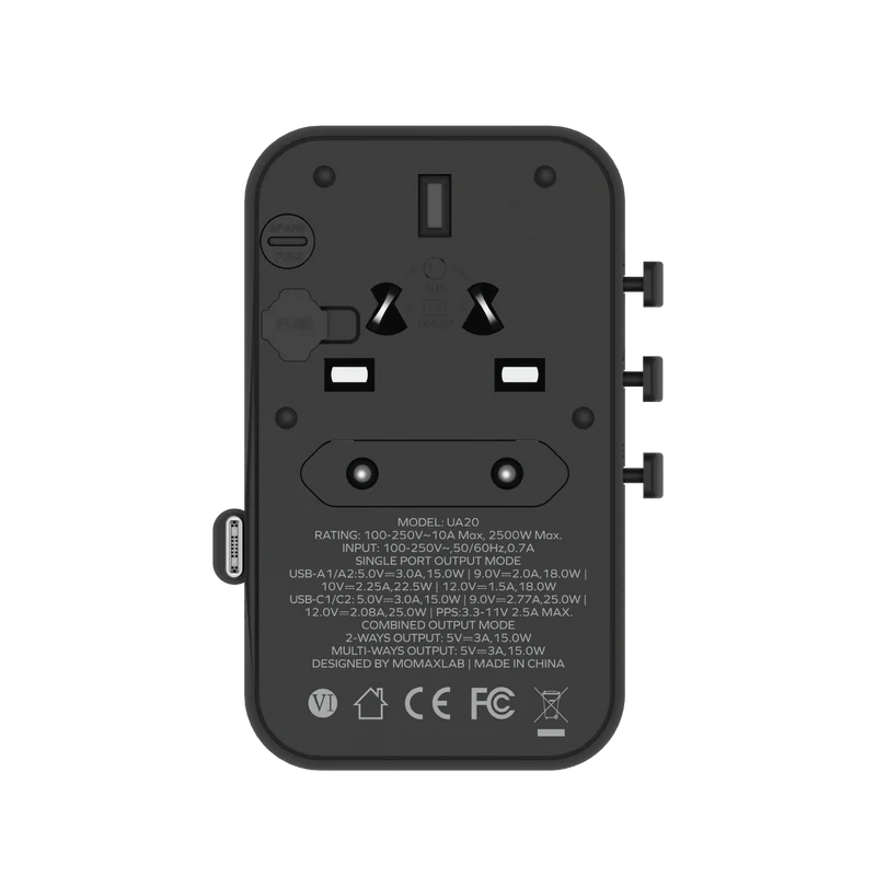 Momax UA20 1-World+ 25W 3-Port AC Travel Adapter w/ Built-in USB-C Cable