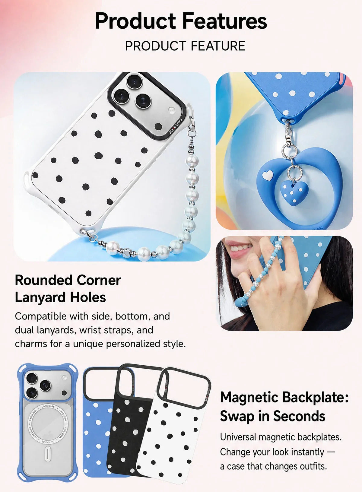 CASEBANG QuadGuard ImagiSnap Snap-On Base Case for iPhone 17-16 Series - Polka Dots | Base Case + Snap-On Cover set
