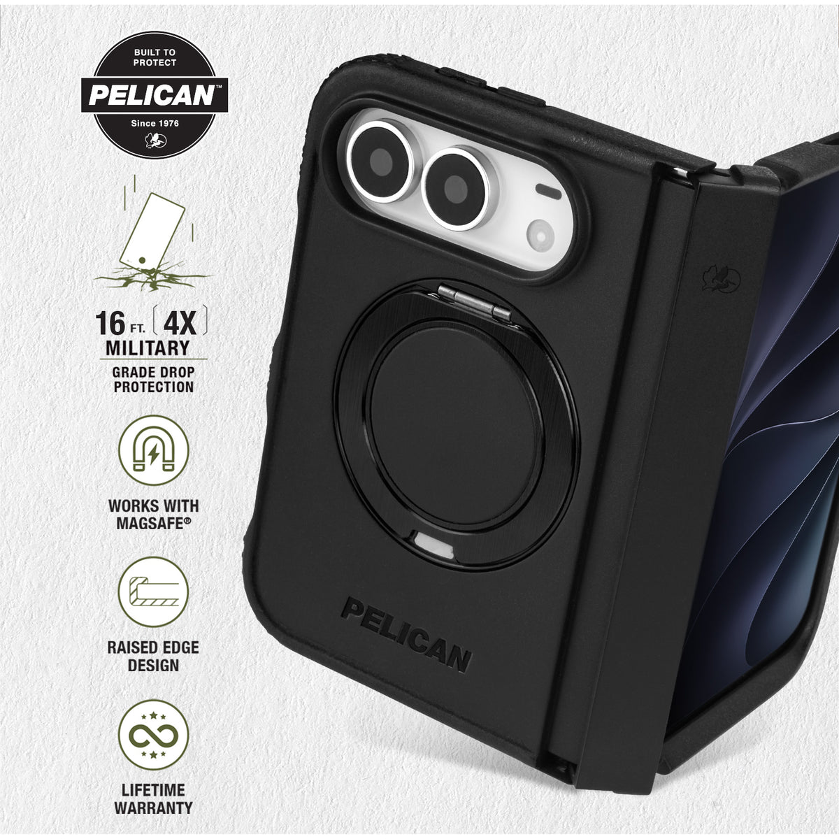Pelican iPhone Duo Protector MagSafe Case with 360° Metal Kickstand - Black
