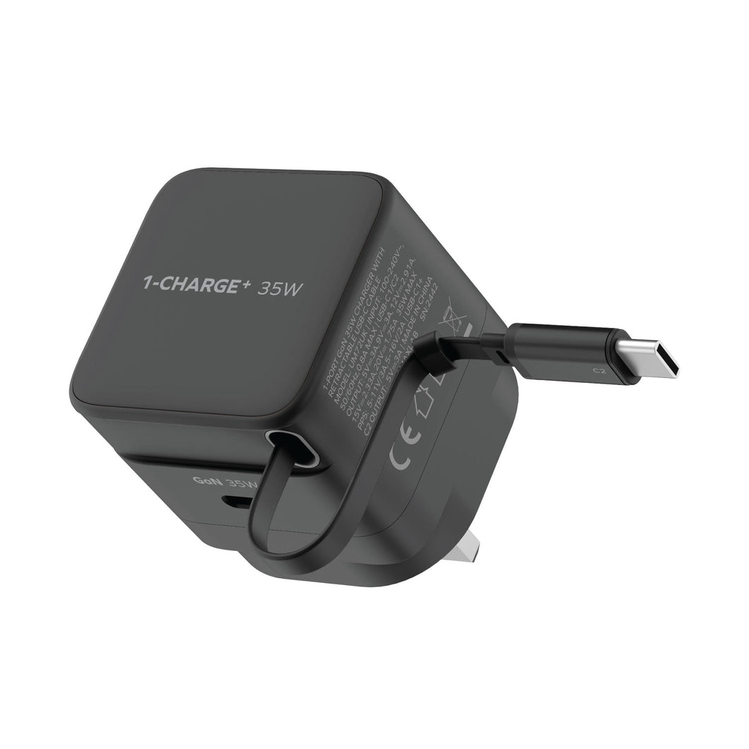 Momax UM72 Compact 35W GaN Charger with Built-in USB-C Cable for Macbook Air & Mobile Devices