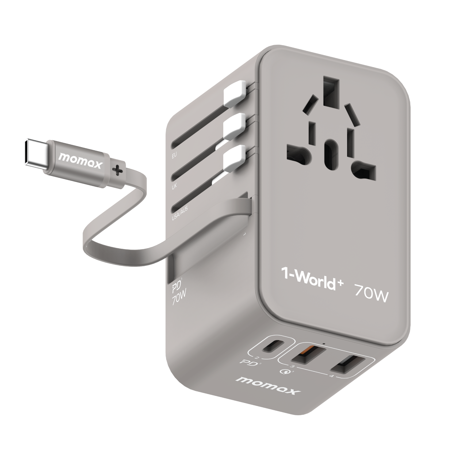 Momax UA18 I-World+ 70W GaN 3-Port + AC Travel Adapter w/ Built-in USB-C Cable