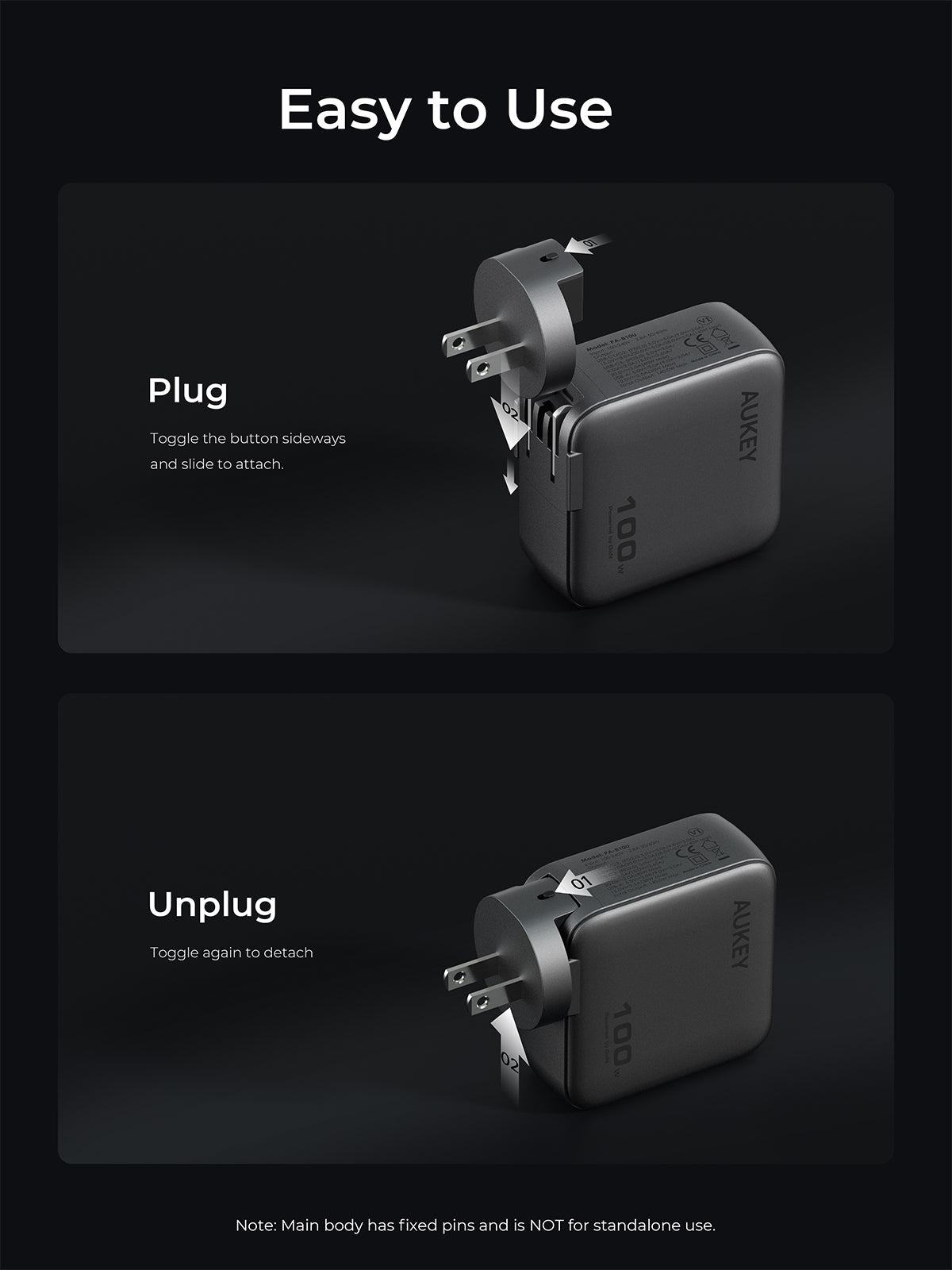 Aukey PA-B9 Nova PinS 100W GaN Wall Charger Smart Display EU UK US TH Interchangeable Plugs