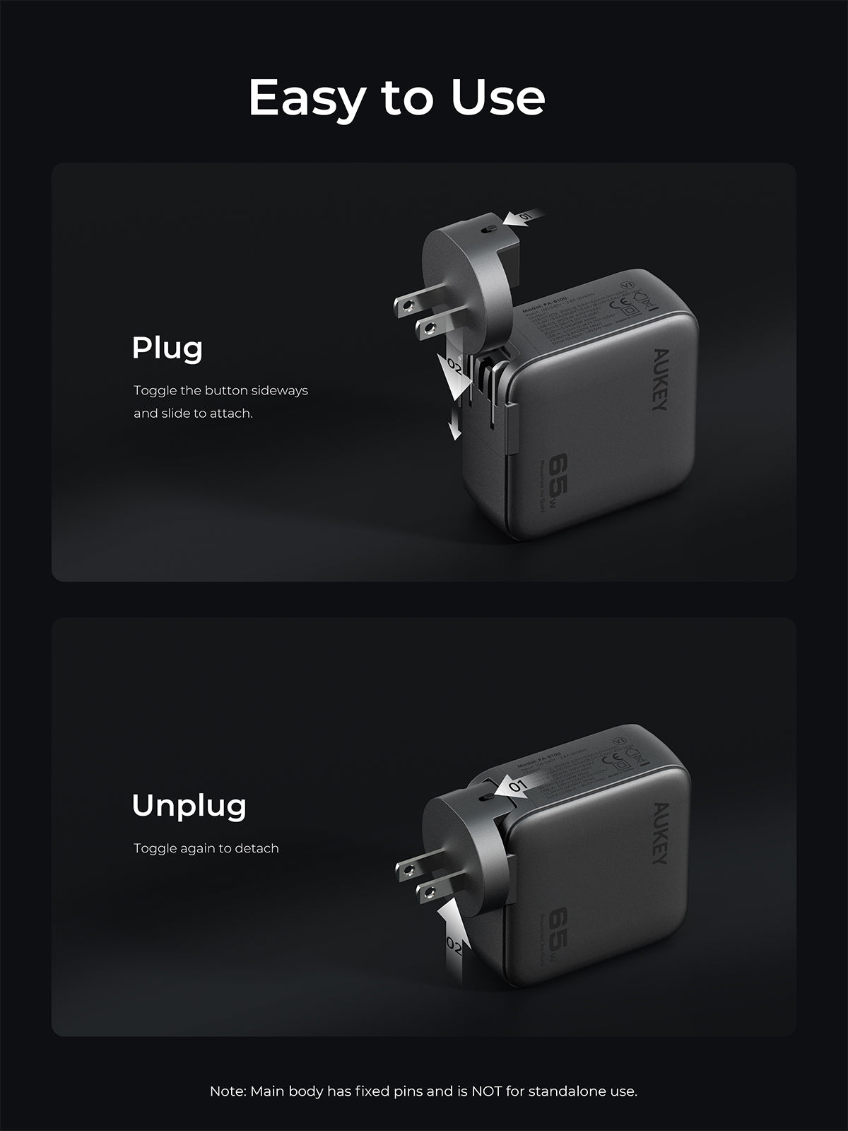 Aukey PA-B8 Nova PinS 65W GaN Wall Charger EU UK US TH Interchangeable Plugs
