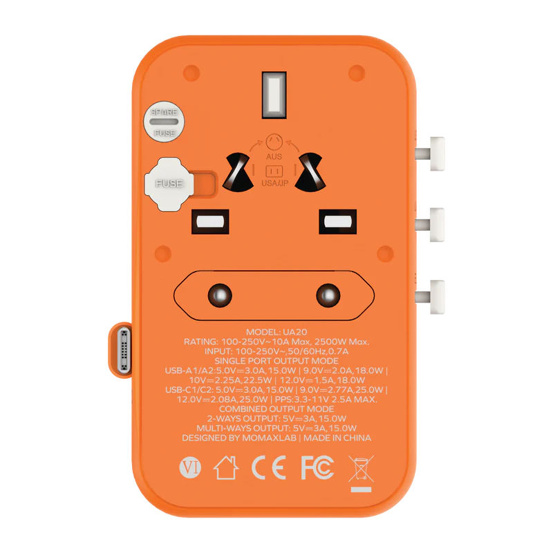 Momax UA20 1-World+ 25W 3-Port AC Travel Adapter w/ Built-in USB-C Cable