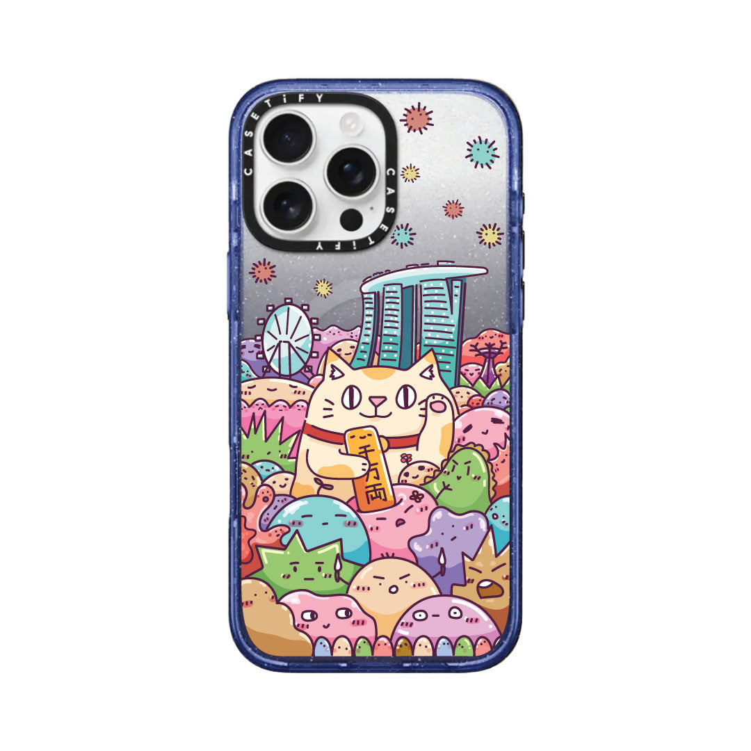 CASETiFY Magsafe Impact Case for iPhone 16 Pro / 16 Pro Max - Huat Cat Skyline Glitter Indigo