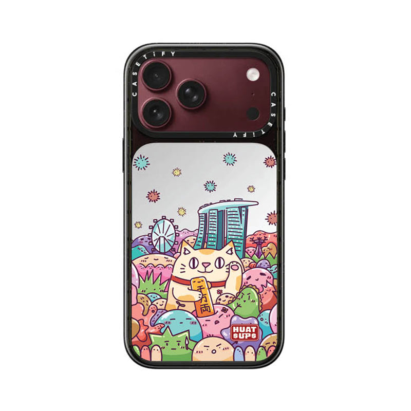 CASETiFY Magsafe Mirror Case for iPhone 18 / 17 Series - Huat Cat Skyline Silver On Black