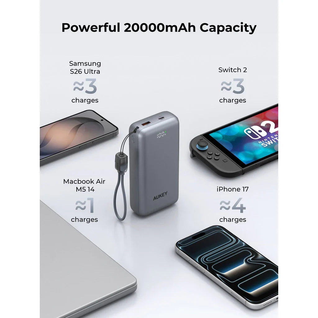 Aukey PB-Y94 Swivel Det 20000mAh 65W Fast Charging Power Bank with Detachable Cable