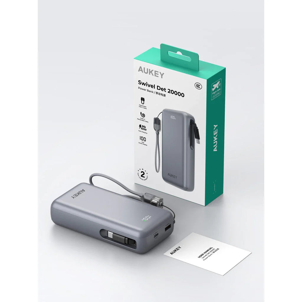 Aukey PB-Y94 Swivel Det 20000mAh 65W Fast Charging Power Bank with Detachable Cable