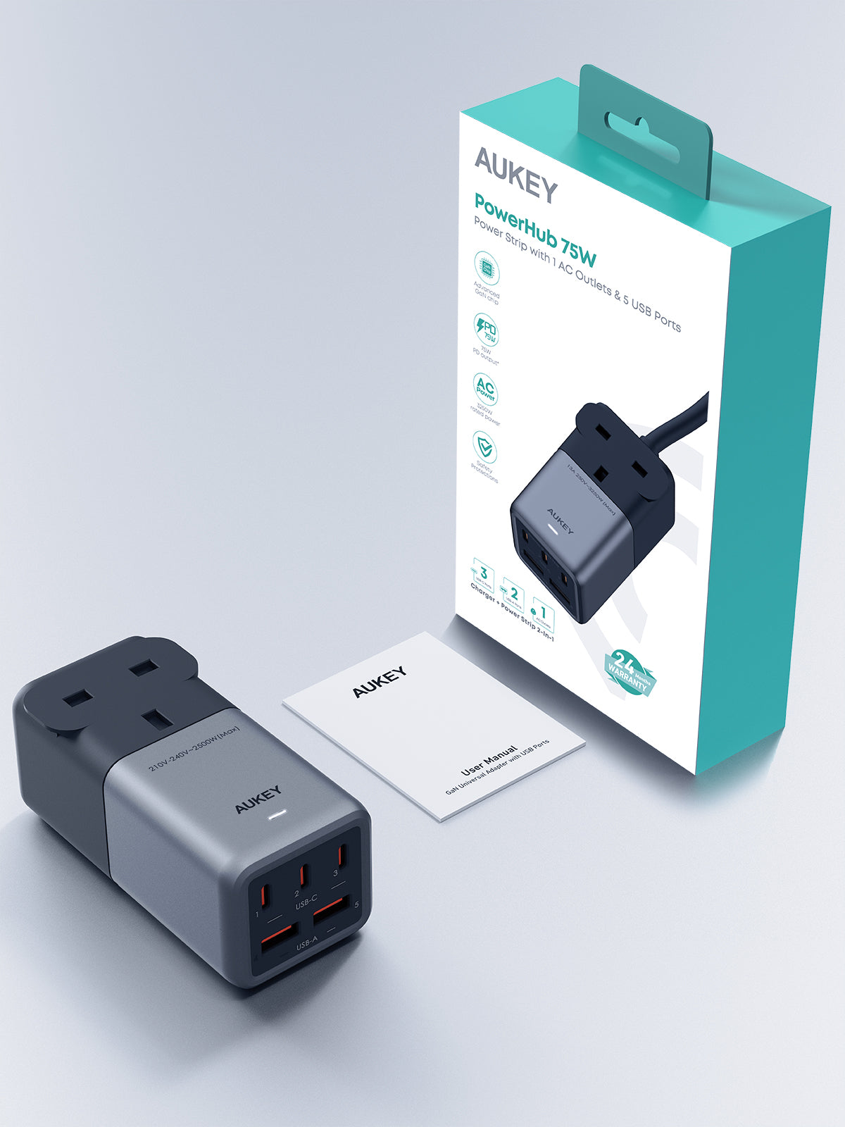 Aukey PU-A3 PowerHub 75W Power Strip with 1 AC Outlet & 5 USB Ports- Black