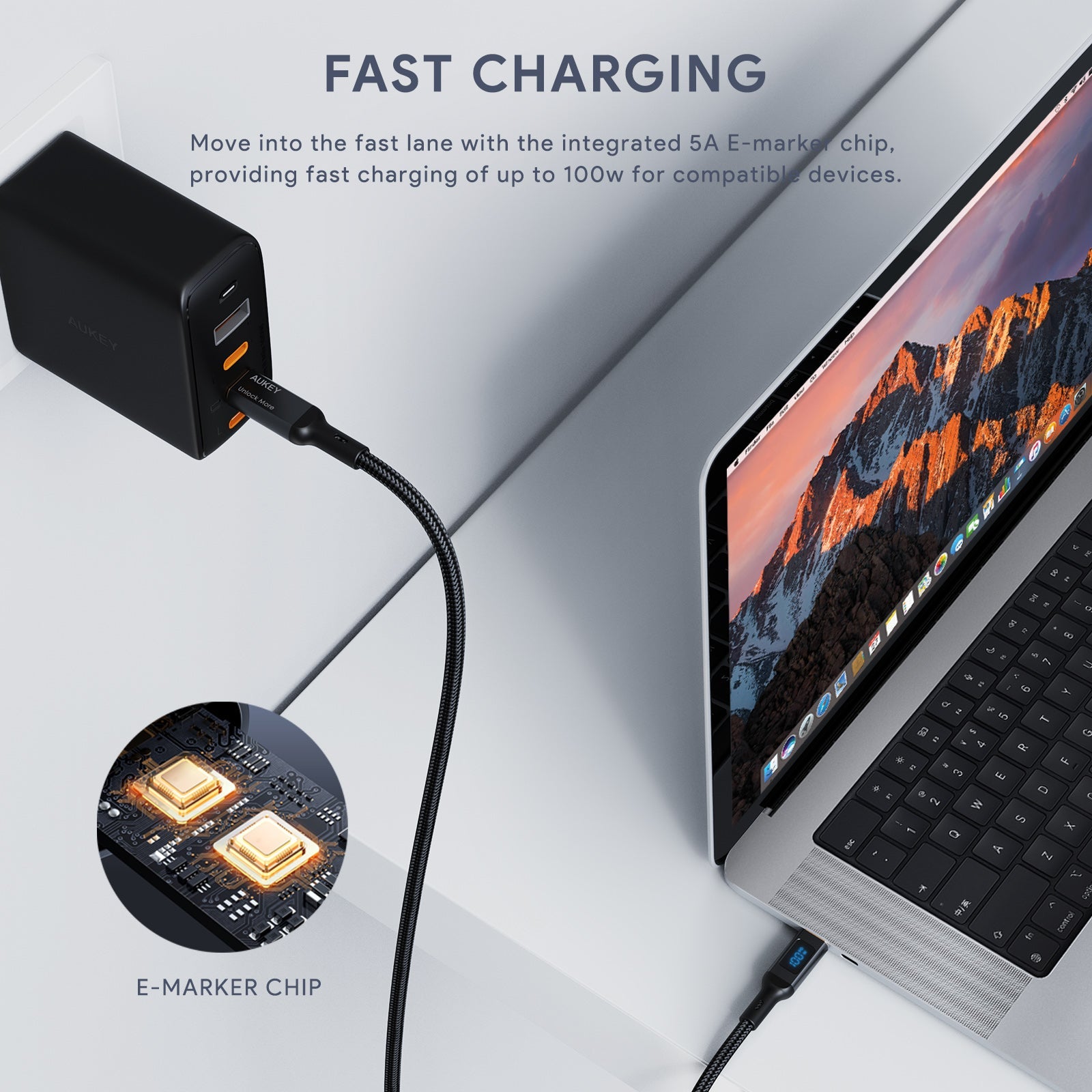 Aukey CB-MCC101/CB-MCC102 100W Nylon Braided USB C to C Cable with LCD Display (1/1.8m)