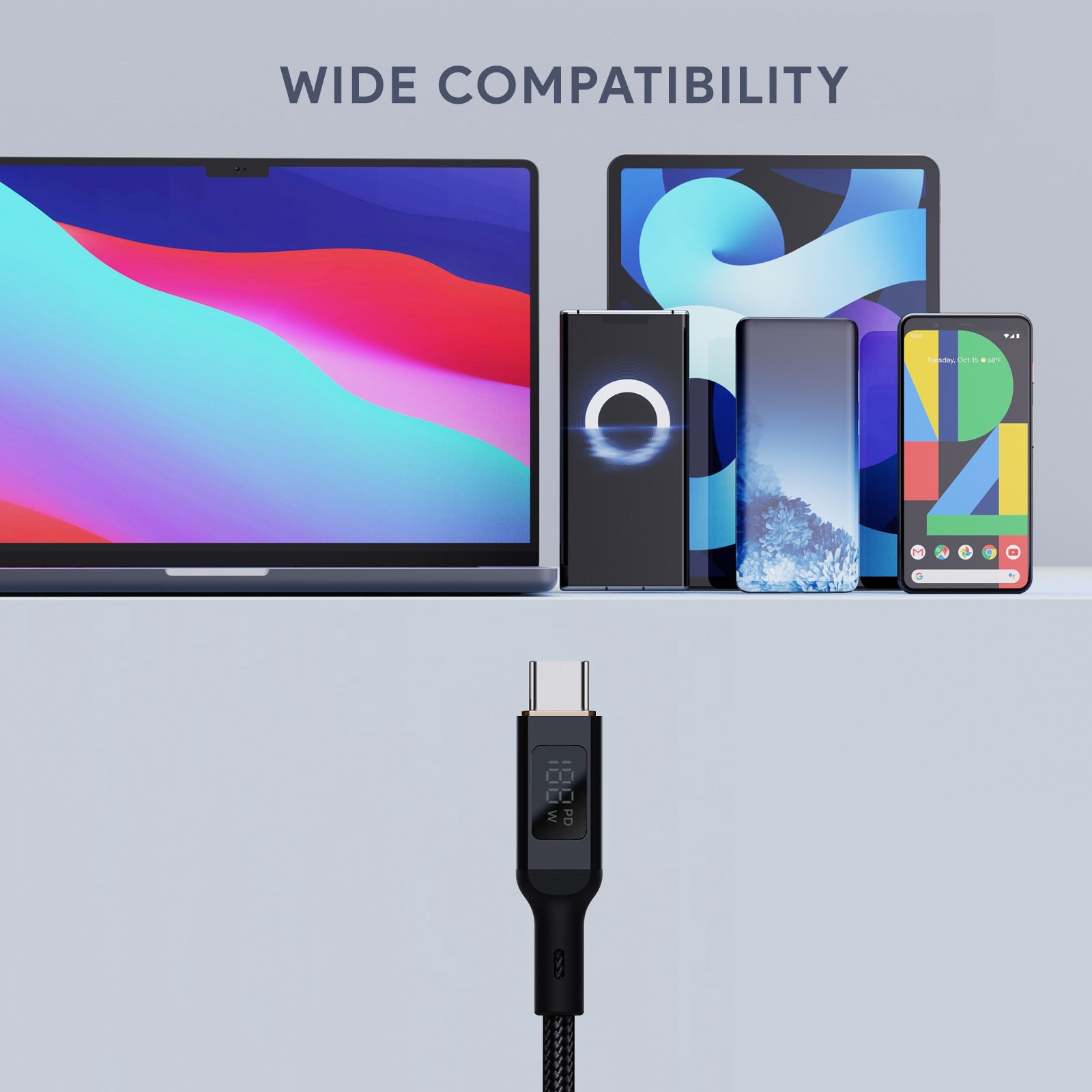 Aukey CB-MCC101/CB-MCC102 100W Nylon Braided USB C to C Cable with LCD Display (1/1.8m)