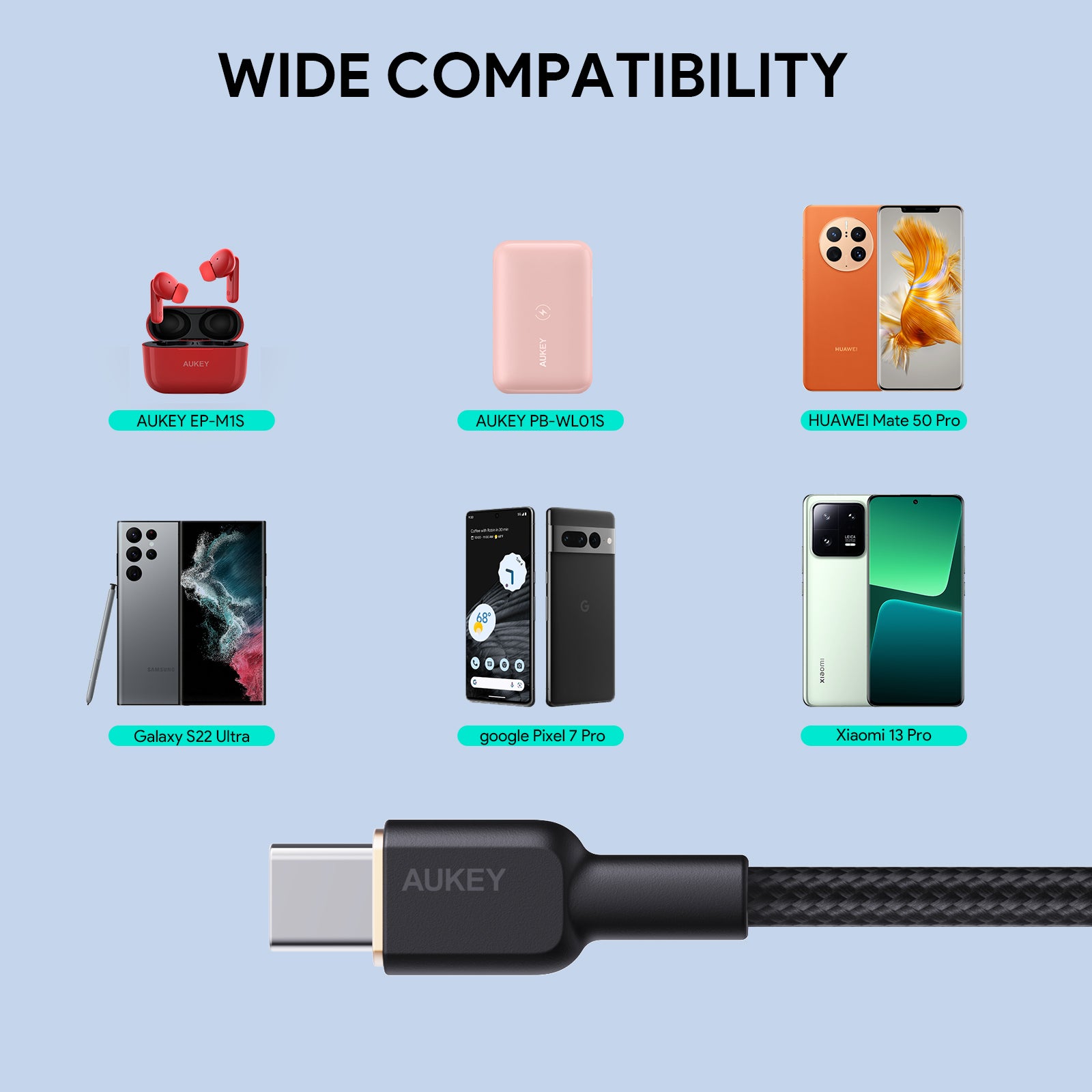 Aukey CB-NAC1 / CB-NAC 2 Circlet Nylon braided USB-A to USB-C Cable (1m/1.8m)